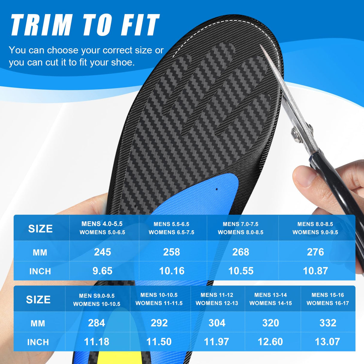 HAPANUN Carbon Fiber Insole with Arch Support for Long Periods of Standing, Jogging, Hiking and Other Outdoor Sports, as Well as a Work Boot Insole. (Blue, M:10.5/11丨W:11.5/12(300mm))