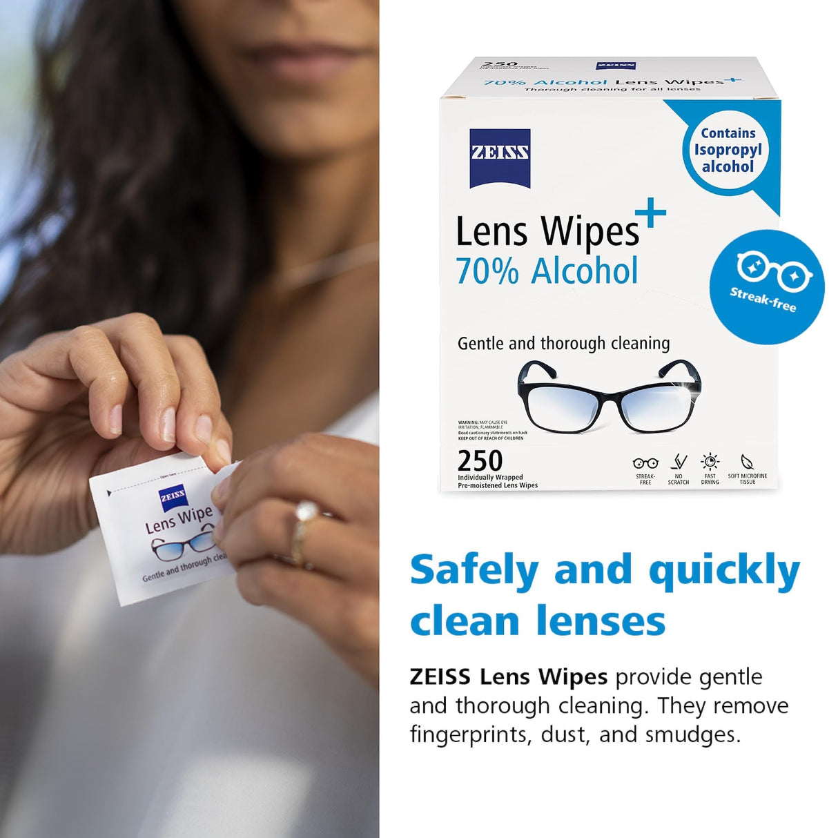 ZEISS Pre-Moistened Lens Cleaning Wipes with 70% Alcohol, 250 Count