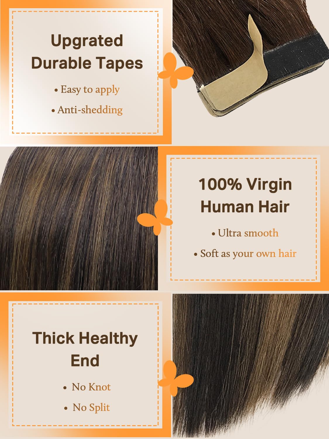 DOORES Hair Extensions Tape in Human Hair Balayage Dark Brown to Chestnut Brown 20pcs 50g 20 Inch Silky Straight Tape in Human Hair Extensions Natural Hair Skin Weft