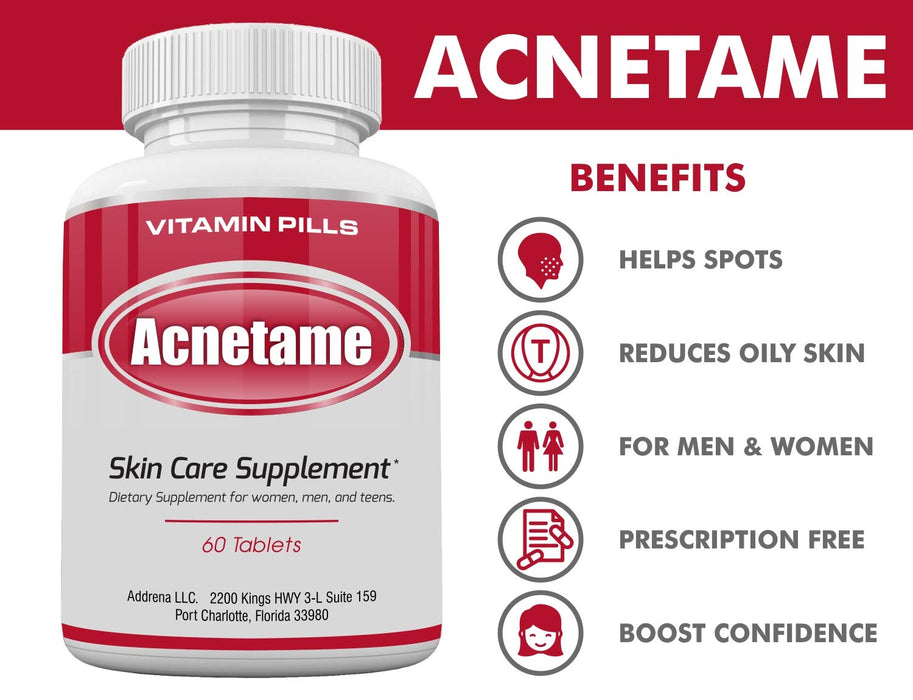 Acnetame Acne Pills- Vitamin Supplements for Acne Treatment- Natural Clear Skin from Hormonal Cystic Pimples- Oily Skin Vitamins Pill for Women, Teen, Men, & Adults 60 Tablets