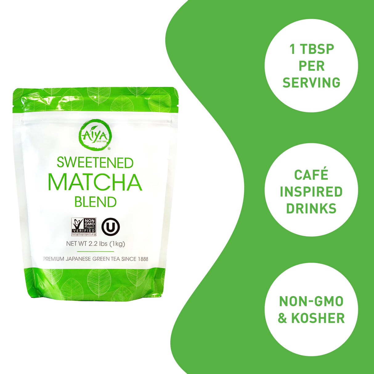 Aiya Sweetened Matcha Blend Powder - Matcha Latte Powder With Antioxidant-Rich Japanese Green Tea & Pure Cane Sugar - Ideal for Smoothies, Lattes, and Culinary Creations - 1kg Bag (2.2 lbs)
