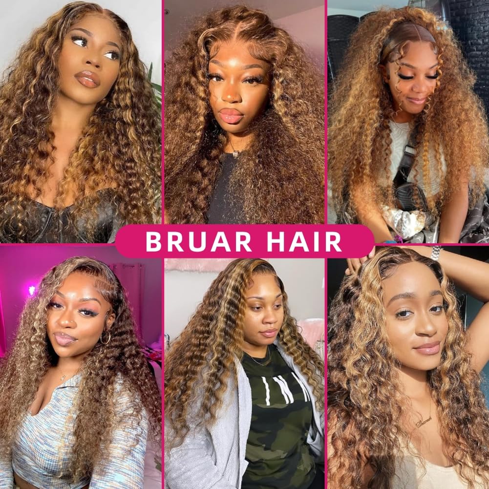 BRUAR 28 Inch Ombre Lace Front Wig Human Hair 13x6 Honey Blonde Wig Human Hair Pre Plucked HD Highlight Deep Wave Lace Front Wigs Human Hair for Women 180 Density Glueless Curly Human Hair Wig