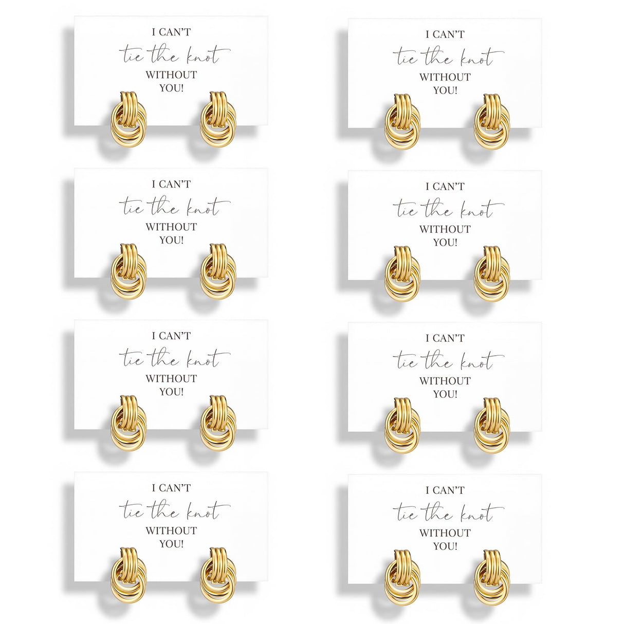 Nosiny 8 Sets Bridesmaid Jewelry Set Gold Pearl Drop Knot Earrings with 8 Pcs I Can't Tie The Knot Without You Cards Proposal Gifts Wedding Thank You Gifts for Bridesmaids