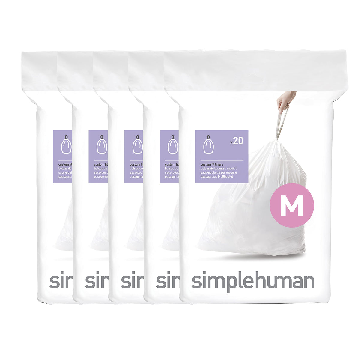 simplehuman Code M 100 Count, Dispenser Pack Custom Fit Liners, Drawstring Trash Bags, 45 Liter / 11.9 Gallon, White