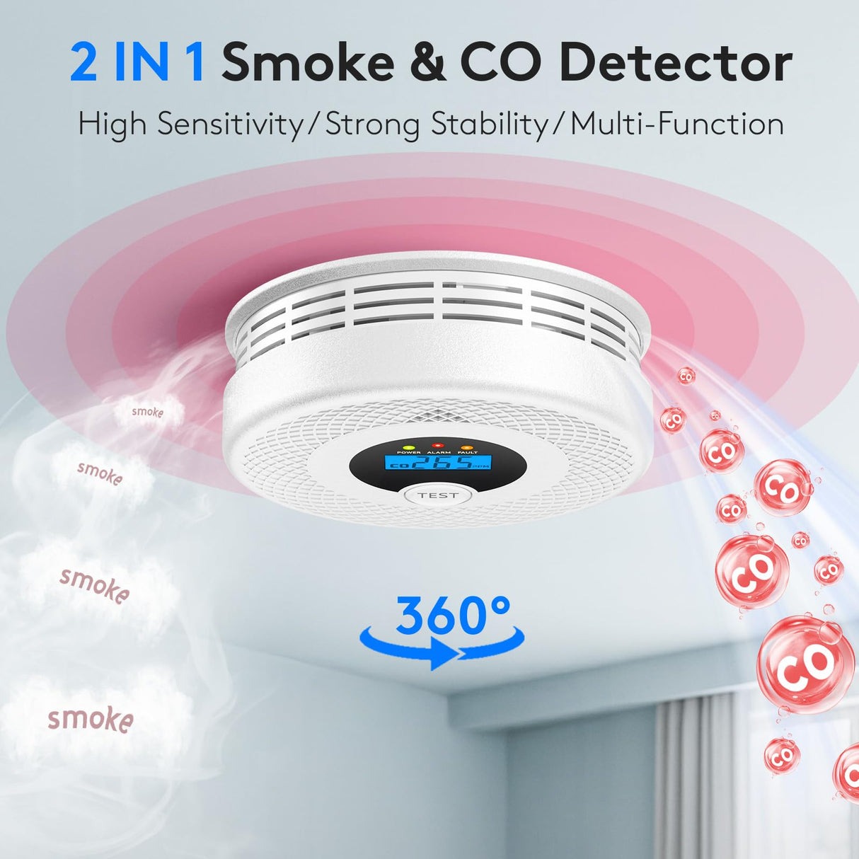 3-Pack Smoke Detector Carbon Monoxide Detector Combo 10 Year Battery, Test/Silence Button, Smoke Alarm and CO Detector for Any Room, Simple Setup