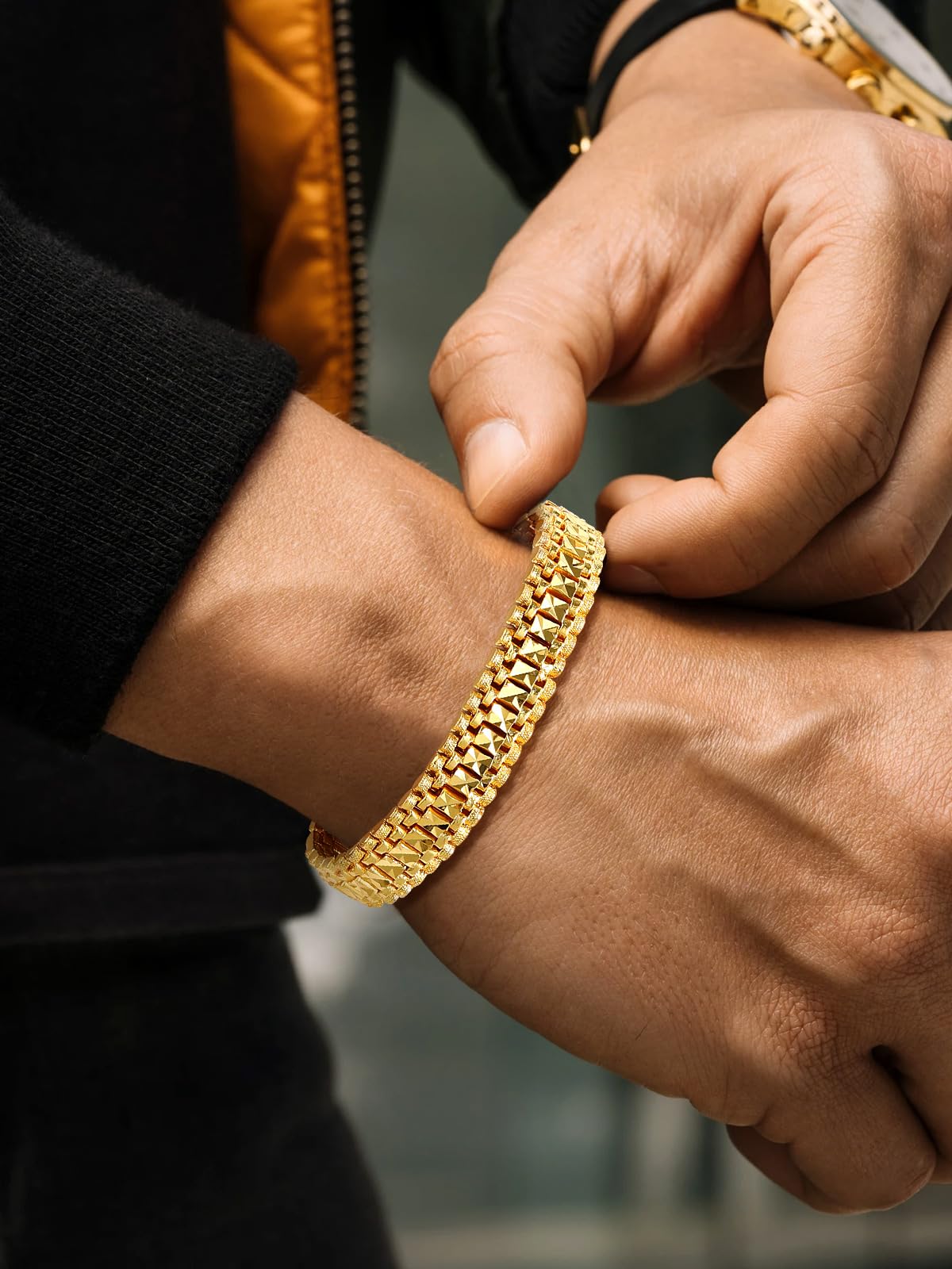 U7 Gold Bracelet for Men,14K Yellow Gold Plated Solid Mens Bracelet 12mm
