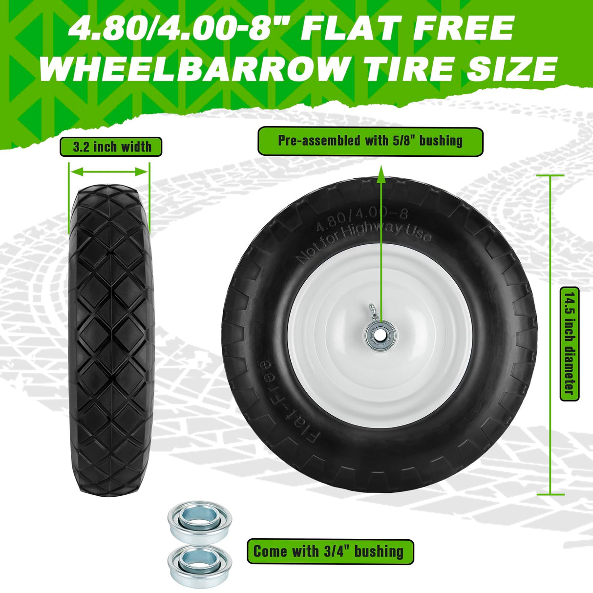 4.80/4.00-8 Tire and Wheel, 16" Flat Free Solid Wheelbarrow Tire with 5/8"&3/4" Bearings 3" Hub, 14"-16" Universal Fit Wheelbarrow Tires for Hand Truck/Garden Trailer/Trolley/Wagons