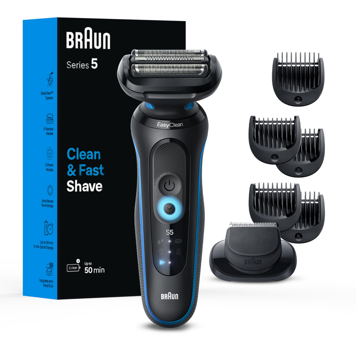 Braun Electric Shaver for Men, Series 5 5120s, Wet & Dry Shave, Turbo Shaving Mode, Foil Shaver, Engineered in Germany, with Beard Trimmer & Attachments, Blue