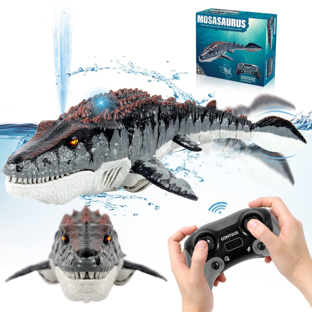 fromeasy Mosasaurus Dinosaur Toys, Upgrade Remote Control Water Toy, Pool Toys for Kids Ages 4-8, RC Dino with Light and Spray Water for Swimming Bath Lake Ocean Christmas Birthday Gift