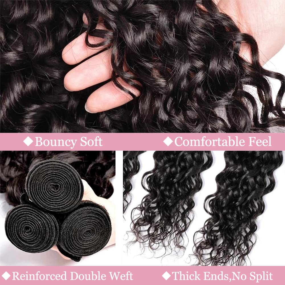 Deep Wave Human Hair Bundles 18 20 22 Inch Water Wave Bundles 12A Brazilian 100% Unprocessed Virgin Human Hair Wet and Wavy Bundles Double Weft Deep Curly Weave 3 Bundles Natural Black