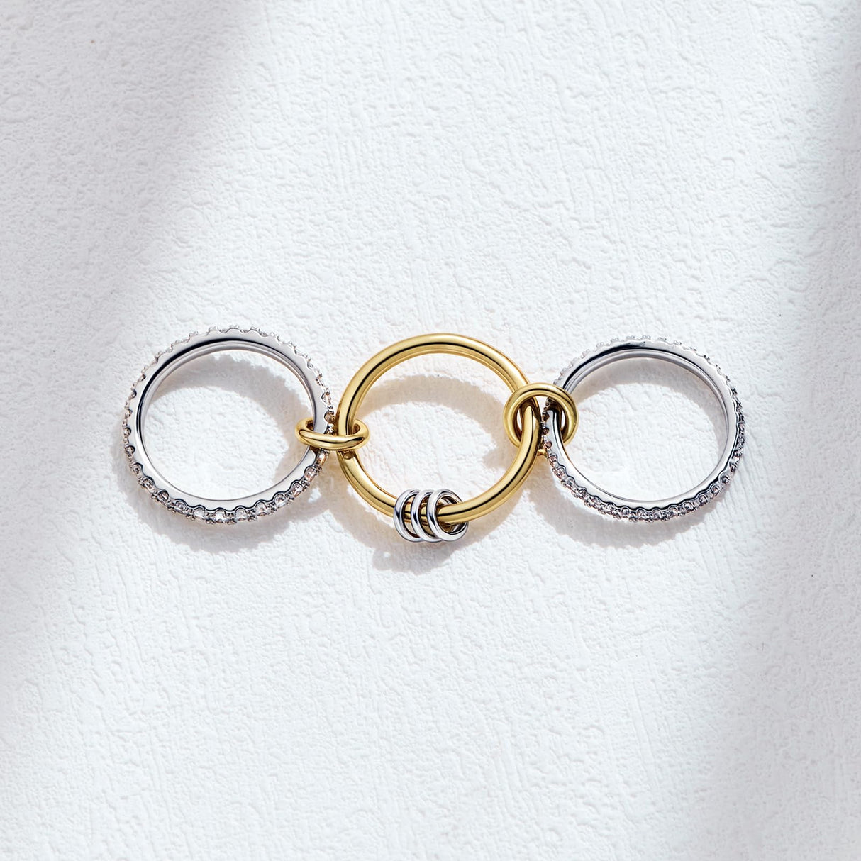 AllenCOCO 14K Gold & White Gold Plated Stackable Rings, Interlocking 3-Band Ring Set with Cubic Zirconia for Women Statement Size 7