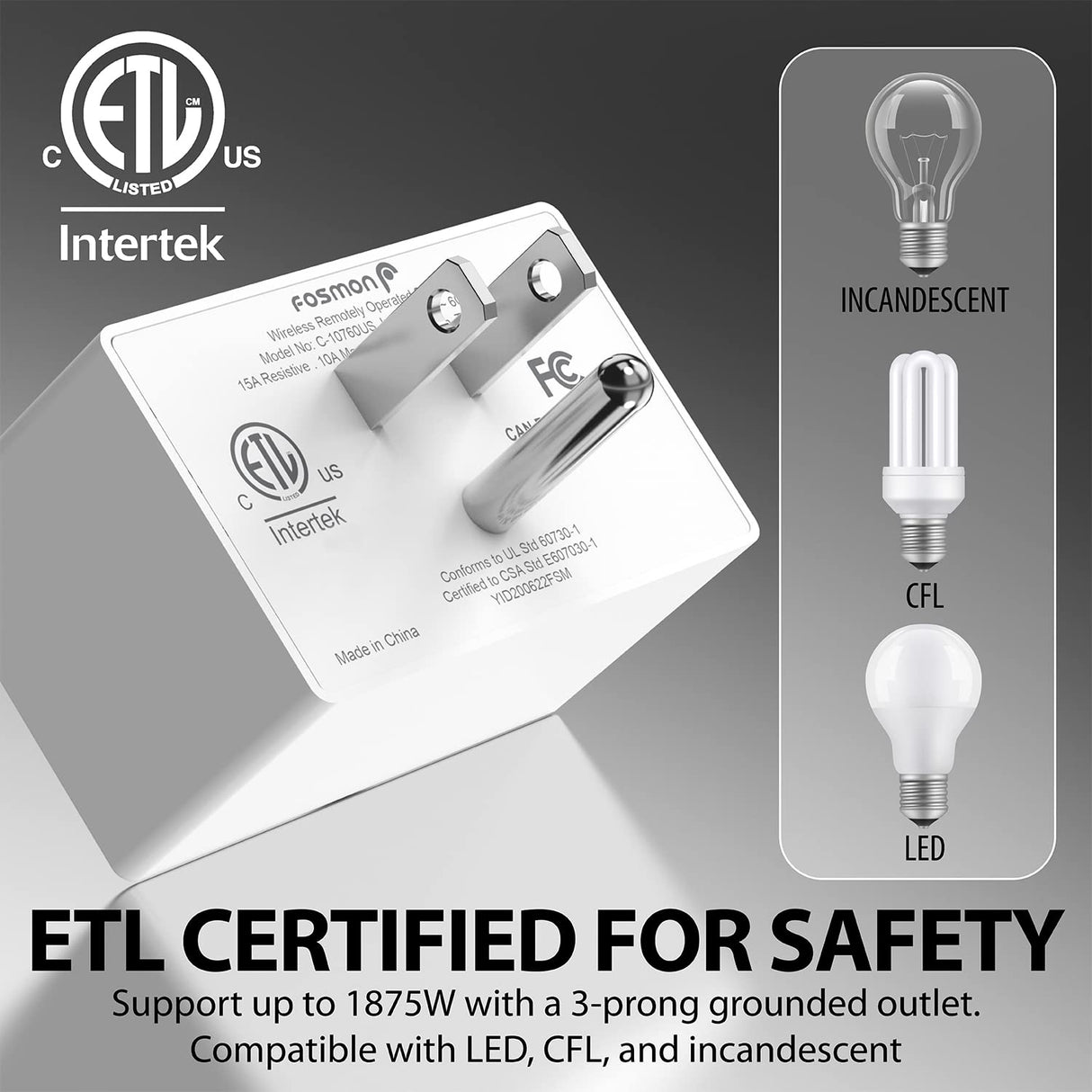 Fosmon Wireless Remote Control Outlet Plug Indoor, Battery Operated Light Switch with Braille On/Off Mark, for Lights, Christmas Tree, No Interference, 15A/1875W, No Wiring & Expandable - 3 Pack