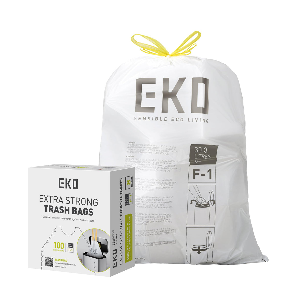 EKO 8 Gallon Trash Bags Drawstring 1.2 Mil - 100 Count White Medium Garbage Bags Unscented, 30 Liter Plastic Kitchen Trash Bags with Easy-Dispense, Code F-1