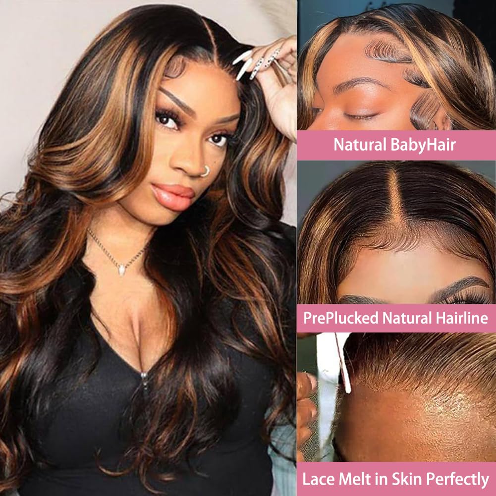 Glegov Highlight Ombre Lace Front Wig Human Hair 26 Inch Body Wave Honey Blonde 13x6 Transparent Lace Front Wigs Ombre Black Brown Lace Front Human Hair Wigs 180% Density 1/30 Colored Wig Balayage Wig