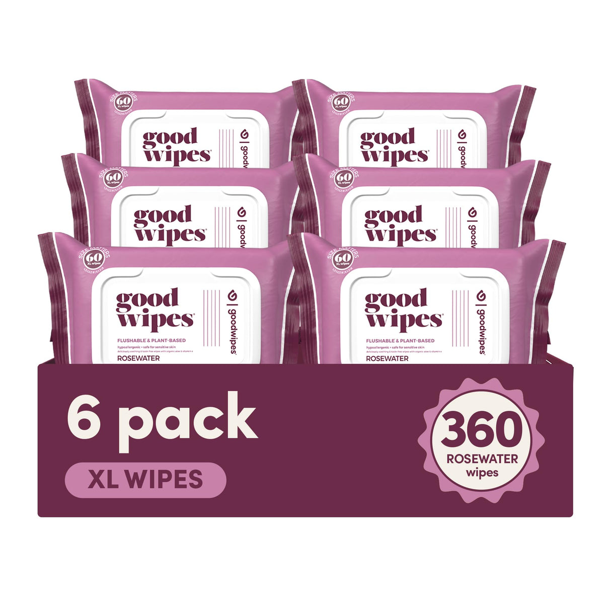Goodwipes Flushable Butt Wipes Made with Vitamin E & Aloe - Soft & Gentle Wet Wipe Dispenser for Home Use, Septic & Sewer Safe - Largest Adult Toilet Towelettes - Rosewater, 360 Count (6 Packs)