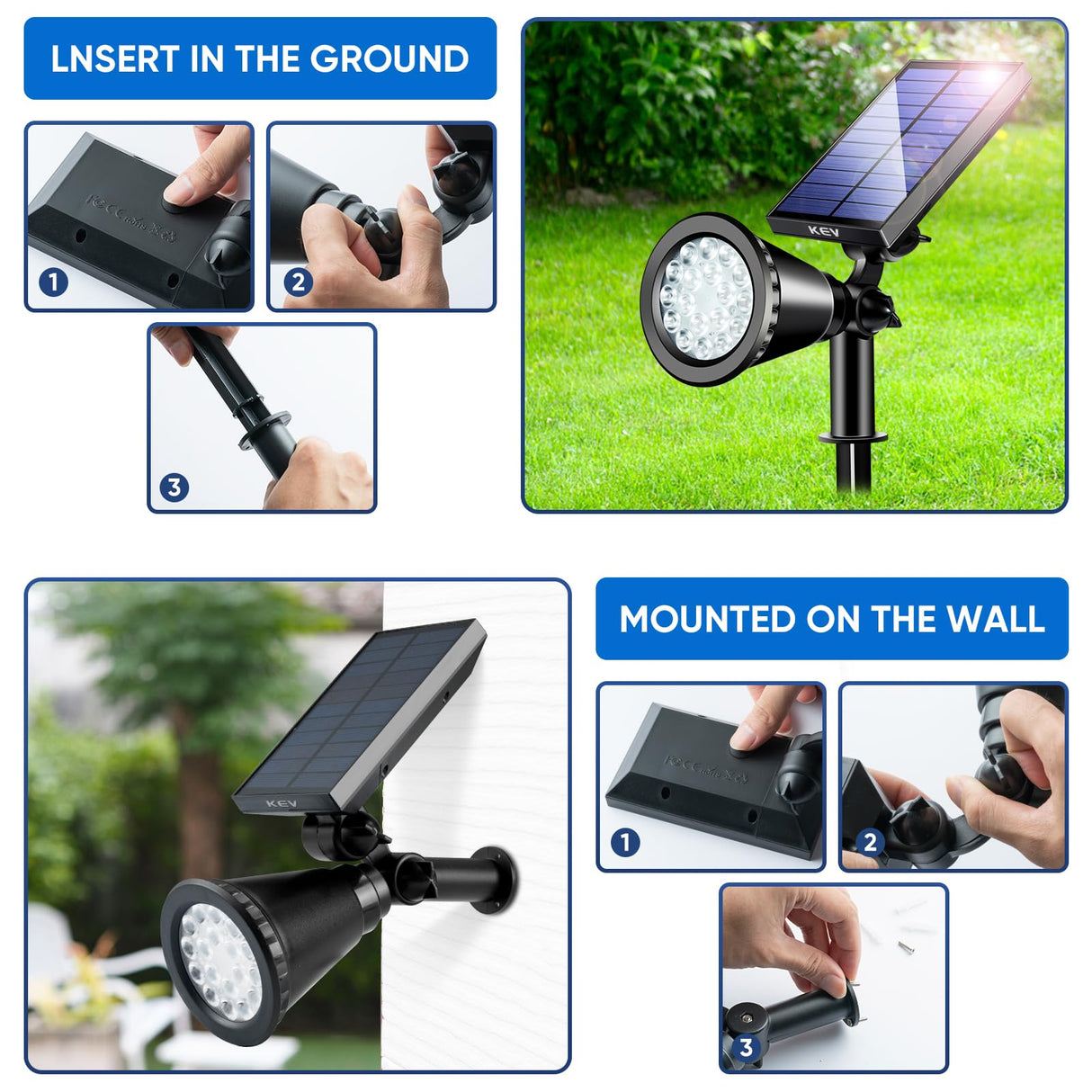 KEV 800 Lumens Solar Spot Lights Outdoor,18 LEDs Solar Flood Lights with 2 Modes &Adjustable &IPX65 Waterproof,Solar Spotlight for Driveway/Backyard/Patio Landscape/Tree/Garage(Cool White, 2 Pack)