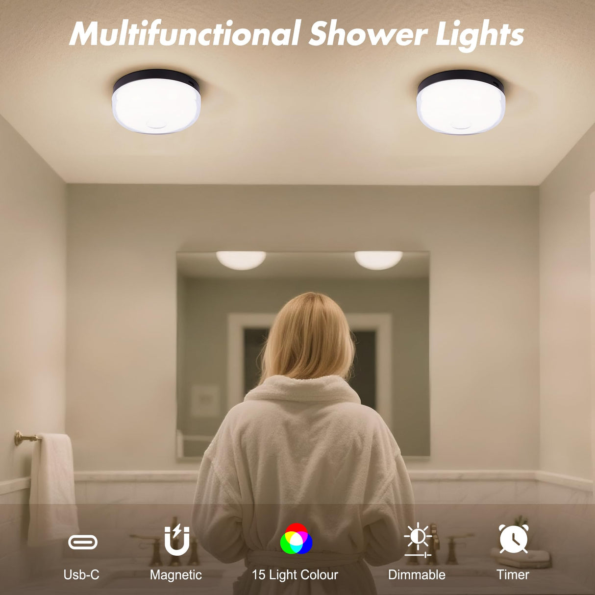 4-Pack Rechargeable Shower Lights for Inside Shower, 15 RGBW Color Changeable Waterproof Lights for Shower with Remote(Dimmable&Timer), Wireless LED Mood Lighting for Bathroom, Closet, Bedroom, Party