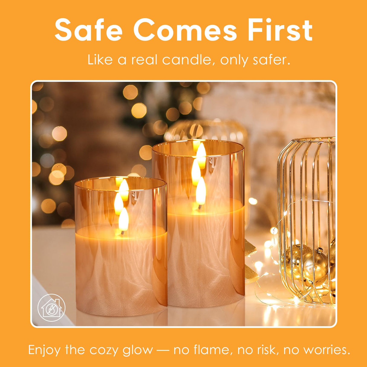 Eywamage Gold Glass Flameless Pillar Candles with Remote, Flickering Christmas LED Candles Battery Operated Set of 3