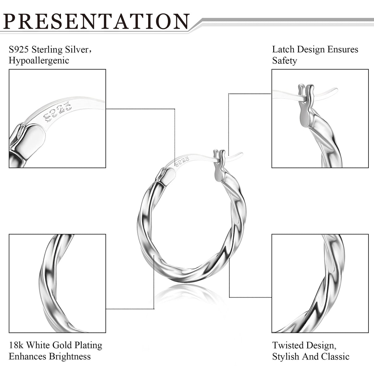 MILACOLATO Solid 925 Sterling Silver Twisted Hoop Earrings for Women 2.5mm