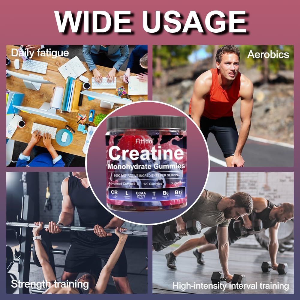 Creatine Monohydrate Gummies Complex 8000mg for Men and Women, Containing L-carnitine & Taurine, Build Muscle, Boost Energy, Faster Recovery, Pre-Workout Supplement, Raspberry & Blackberry, 120 Count