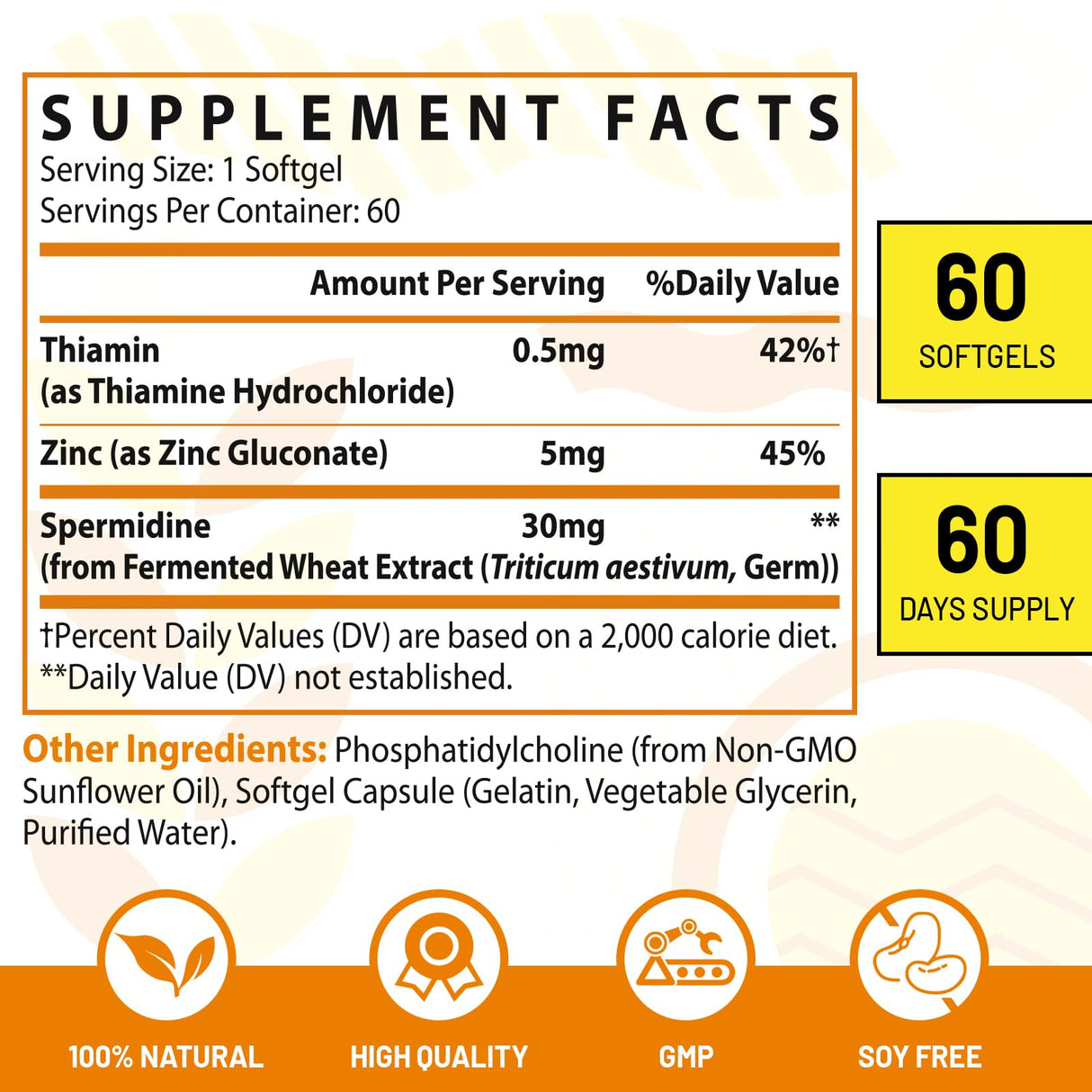 30mg Spermidine Supplement, Liposomal Spermidine, High Absorption, More Potent Than Spermidine 3HCL, Fermented Wheat Germ Extract, Spermidine for Women & Men, Cellular Renewal, Longevity, 60 Softgels