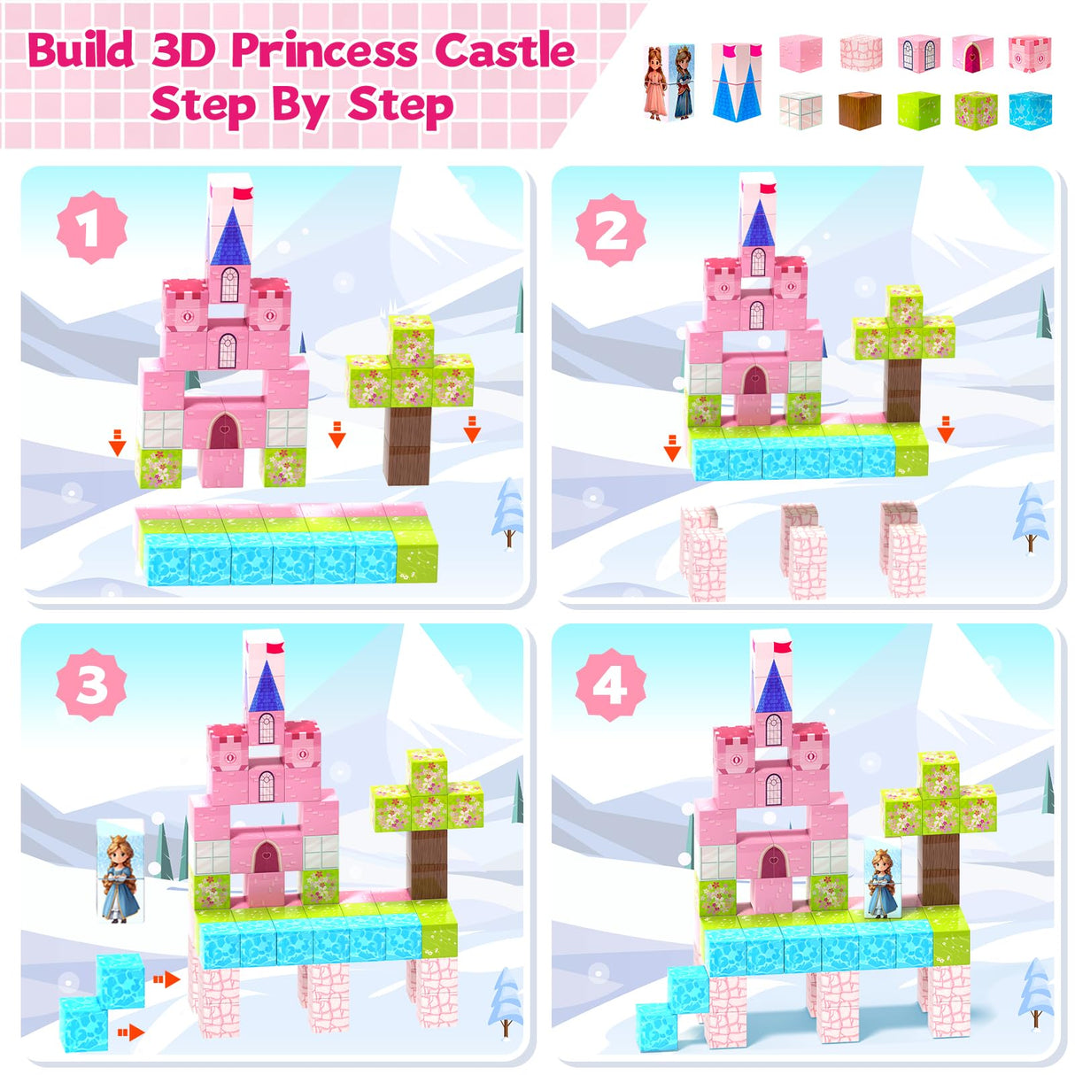Hiwawind 64 Pcs Magnetic Blocks-Princess Castle Collection World,Magnetic Building Blocks for 3+ Year Old Boys & Girls, Creative STEM Sensory Toys,Christmas Birthday Gifts for Kids Ages 3-8
