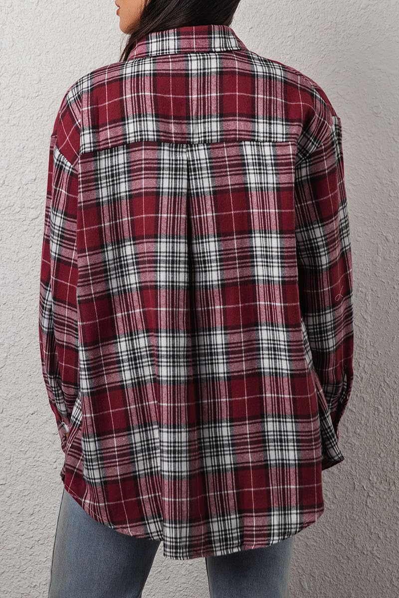 CHYRII Womens Button Down Flannel Shirts Long Sleeve Plaid Shacket Business Casual Blouse Tops 7157-Christmas Red L