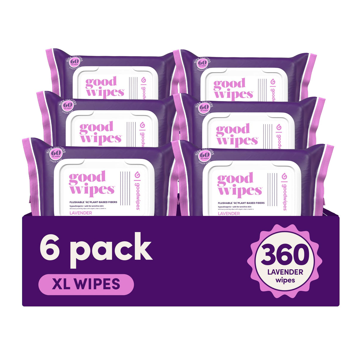 Goodwipes Flushable Butt Wipes Made with Vitamin E & Aloe - Soft & Gentle Wet Wipe Dispenser for Home Use, Septic & Sewer Safe - Largest Adult Toilet Towelettes - Lavender, 360 Count (6 Packs)
