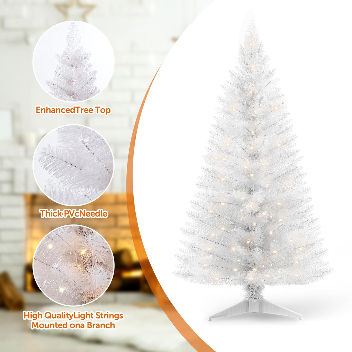 Santanelo 4ft Lighted Artificial White Christmas Tree with Light, Small Artificial Xmas Tree, Not Pre-lit White Pine mini Trees with Lights for Home, Office, and Xmas Party Décor