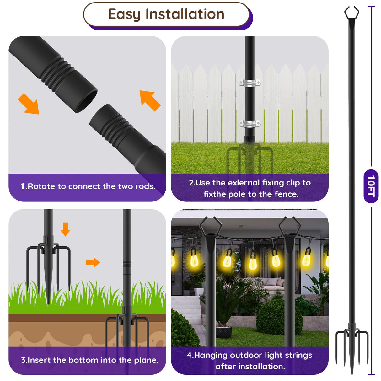 zoegi 4 Pack 10Ft String Light Poles,Light Poles for Outside Lights with Fork,Outdoor Brackets Hanging Lights,Metal Stand for Deck Patio,Backyard,Wedding,Deck,Party (4Pack)