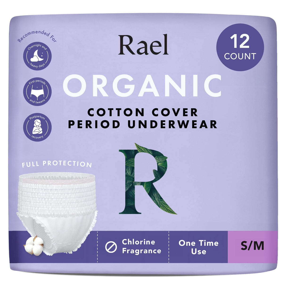 Rael Disposable Underwear for Women, Organic Cotton Cover - Incontinence Pads, Postpartum Essentials, Disposable Underwear, Unscented, Maximum Coverage (Size S-M, 12 Count)