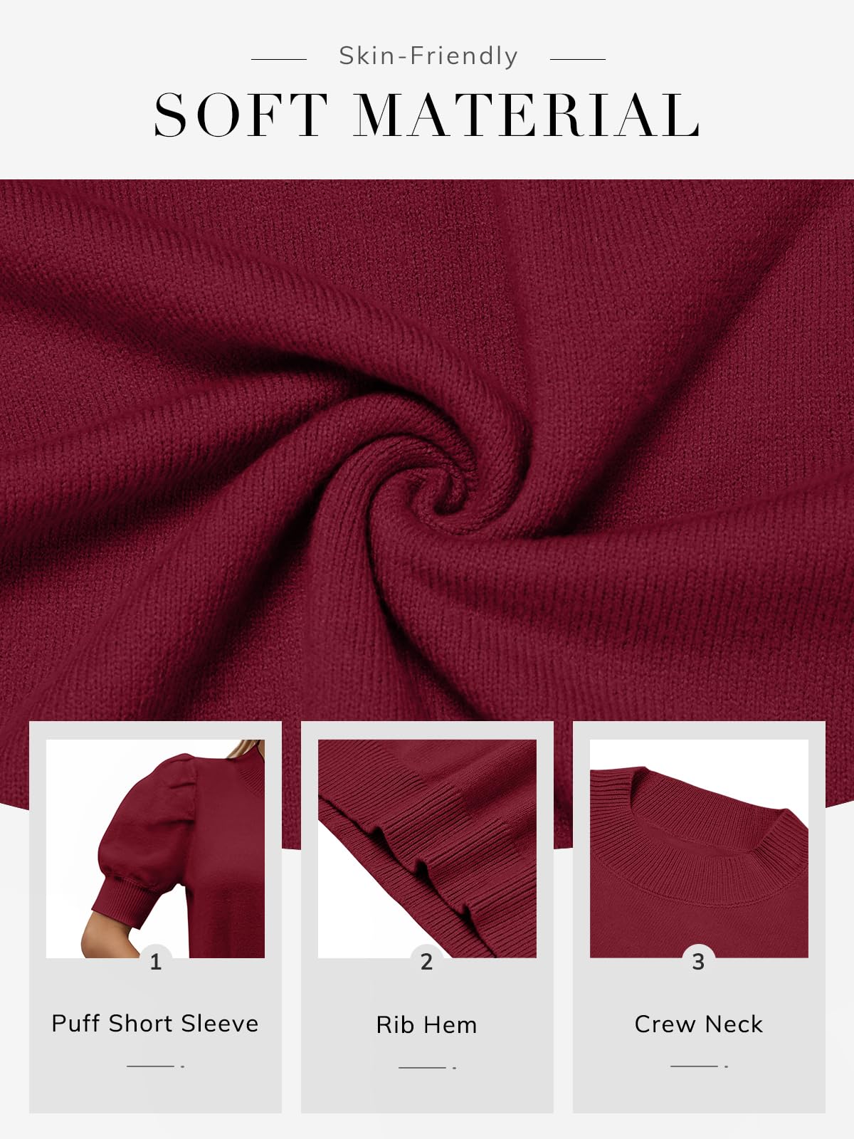 ATHMILE Women's Puff Short Sleeve Sweater Tops 2025 Fall Winter Trendy Crew Neck Casual T Shirts Blouses Christmas A-Wine Red