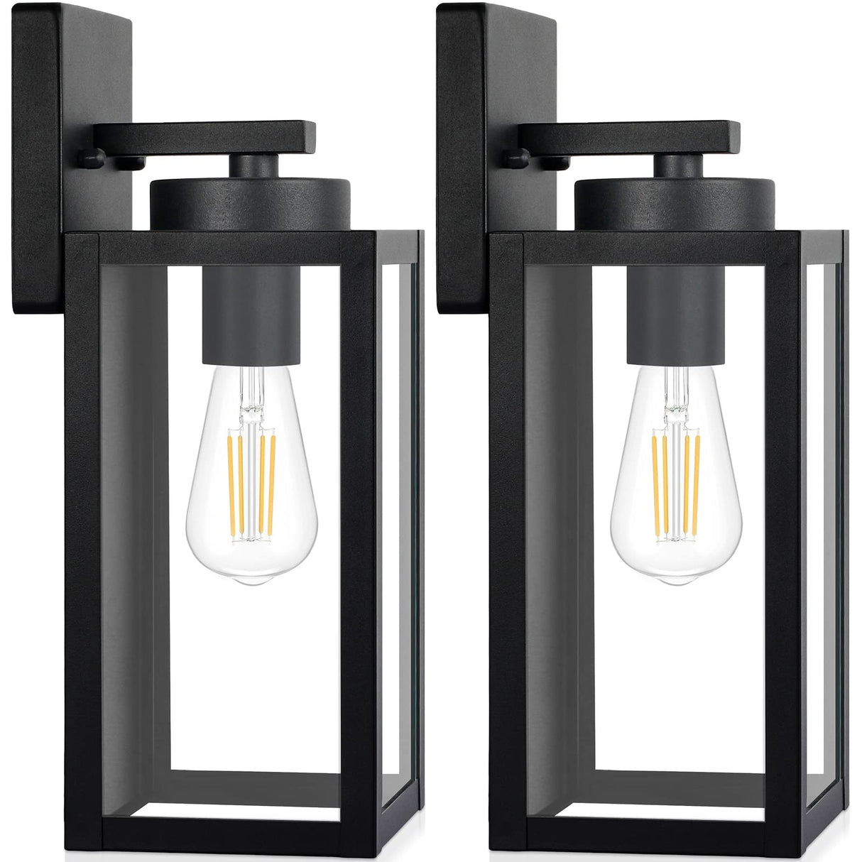 Outdoor Wall Light Fixtures, Exterior Waterproof Wall Lanterns, Porch Sconces Lighting with E26 Sockets & Glass Shades, Modern Matte Black Outside Lights for Patio Front Door Entryway Garage, 2-Pack