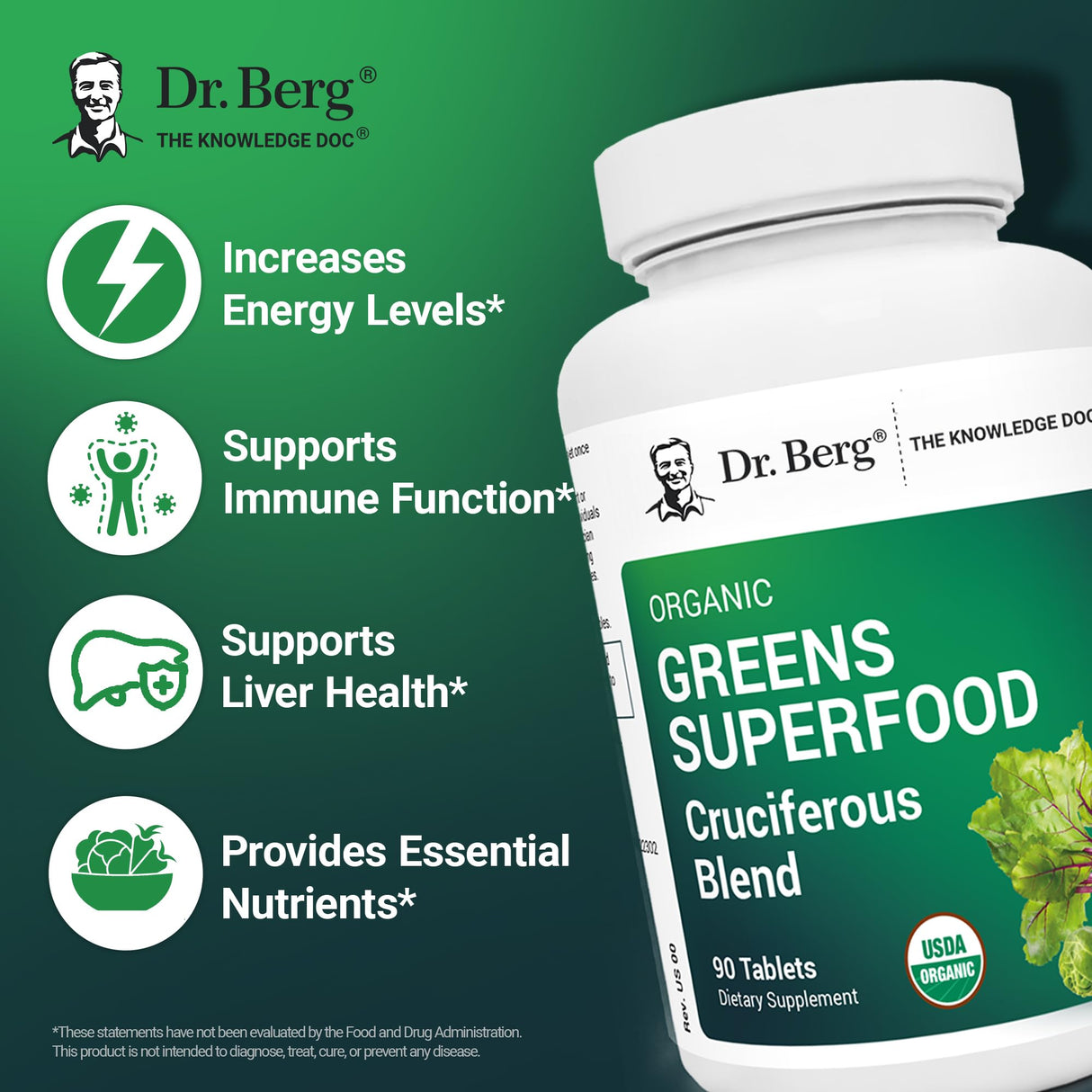 Dr. Berg's Greens Superfood Cruciferous Vegetable Tablets - Vegetable Supplements for Adults w/ 11 Phytonutrient Super Greens - Energy, Immune System & Liver Veggie Tablets - 90 Tablet