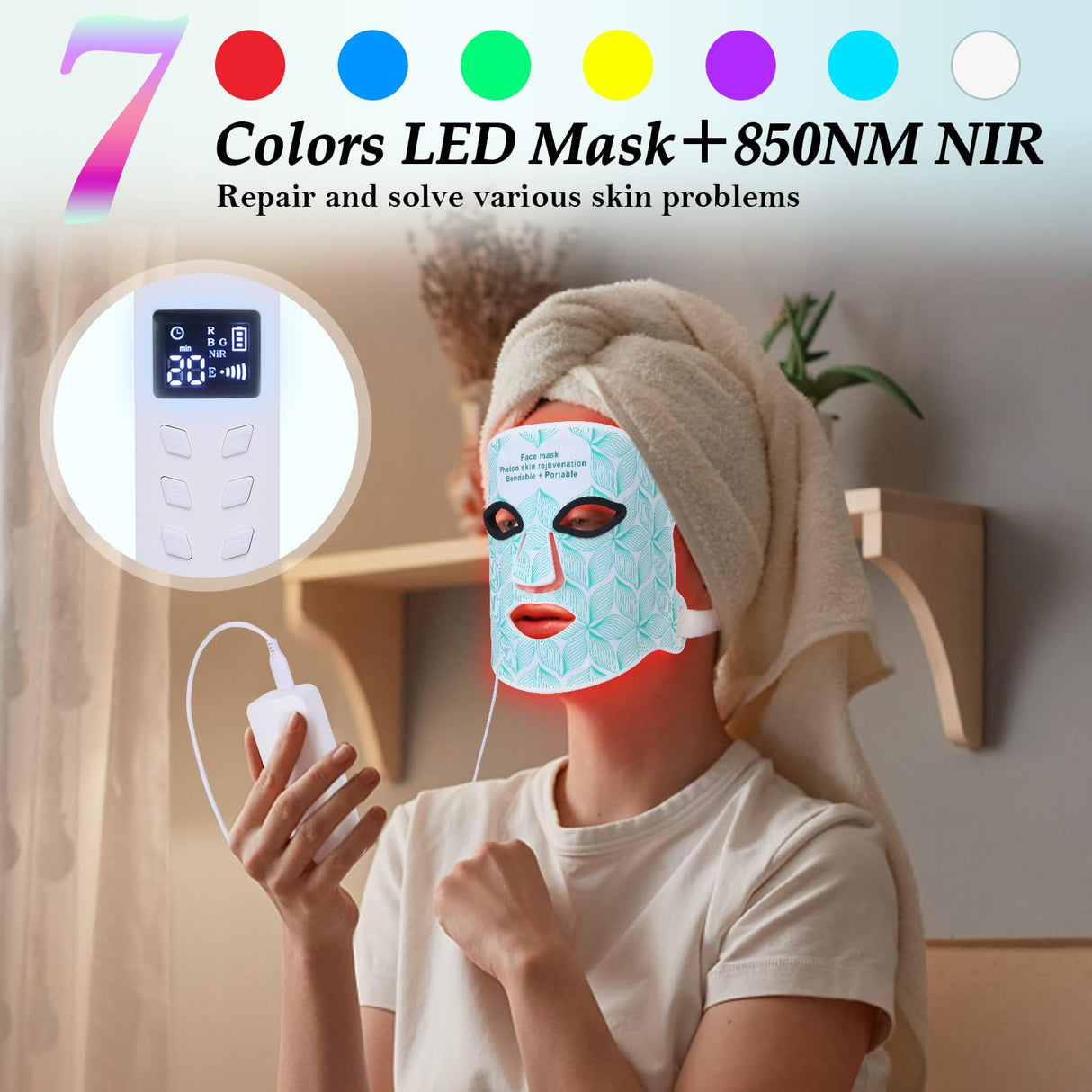 biuufish Red Light Therapy for Face, 7+1 Colors LED Face Mask Light Therapy with 850NM Near-infrared, Portable Rechargeable Red Light Therapy Mask Skin Care Device at Home and Travel for Anti-Aging