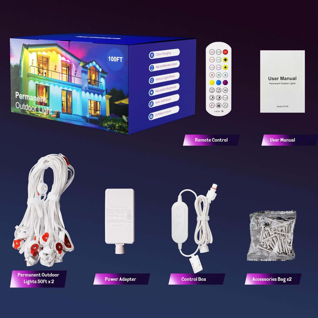 HUTAKUZE Permanent Outdoor Lights, 100FT with 60 RGB LEDs for Outdoor Decor, IP67 Waterproof, 48 Scene Modes Christmas House Lights,APP & Remote Control, Music Sync