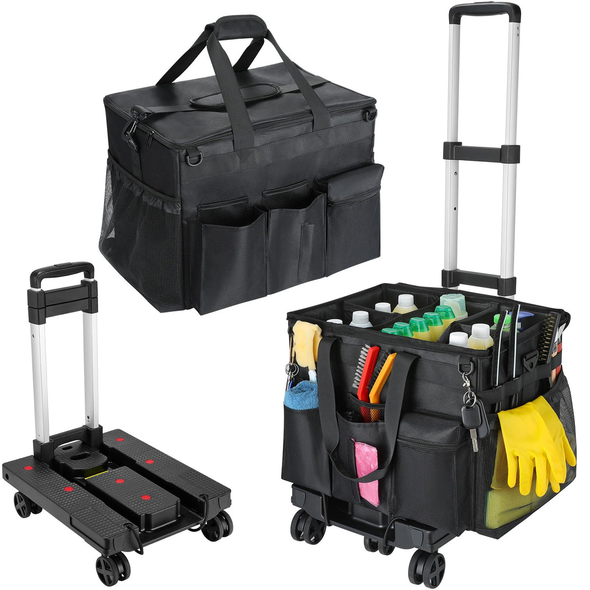 Housolution Extra Large Rolling Cleaning Caddy Bag with Detachable Trolley, Upgraded 360° Free Rotating with 5 Wheels and Dust-Proof Lid, Professional Cleaning Supplies Bag for Housekeepers, Black