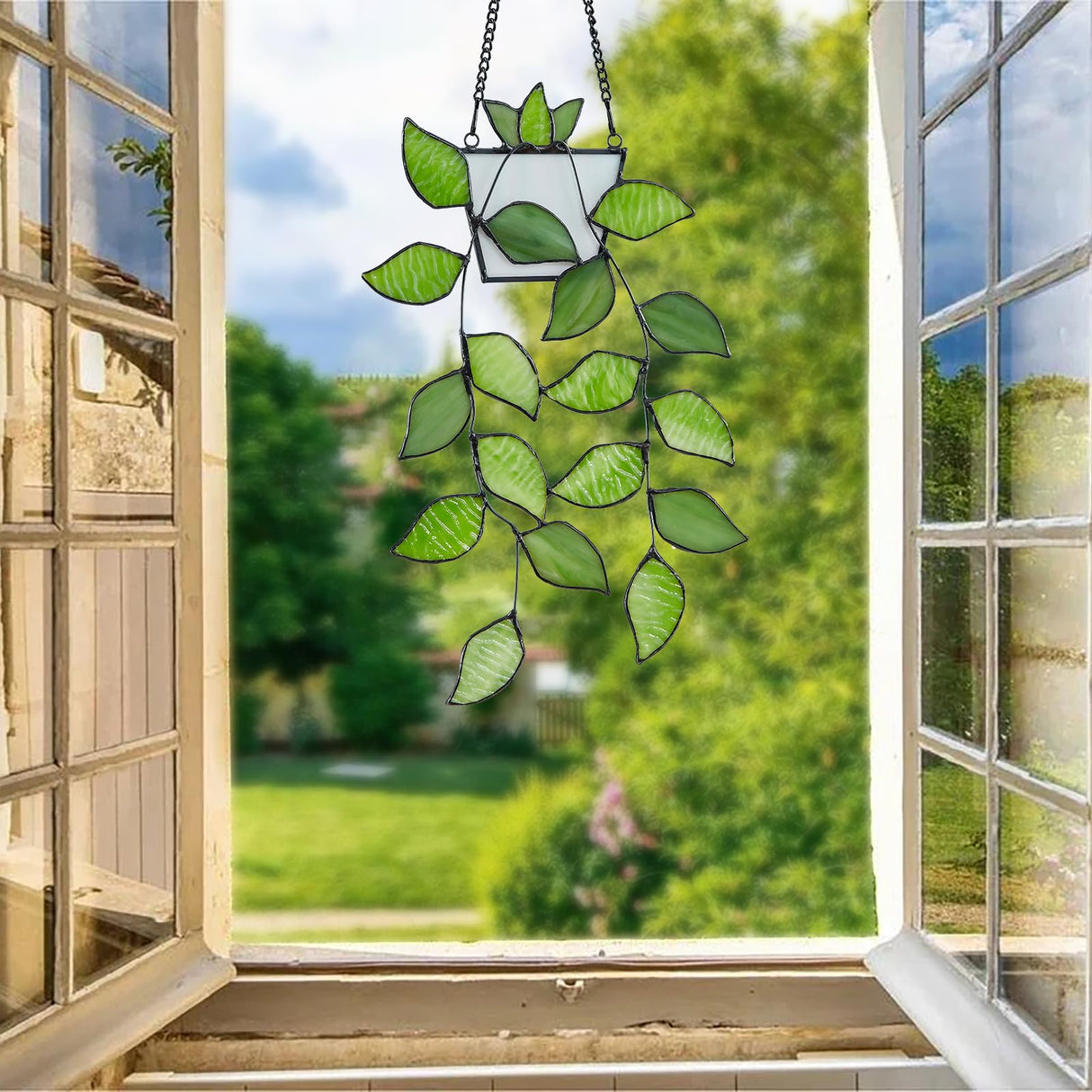 Rswardeleco Stained Glass Window Hanging, Green Leaf Plant Suncatcher Decor