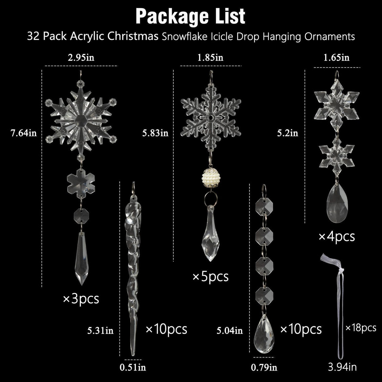 Christmas Tree Decoration Crystal Ornaments - 32pcs Acrylic Christmas Ornaments Snowflake Icicle Drop Crystal Hanging Ornaments for Xmas Tree Winter Holiday Frozen Party Decorations