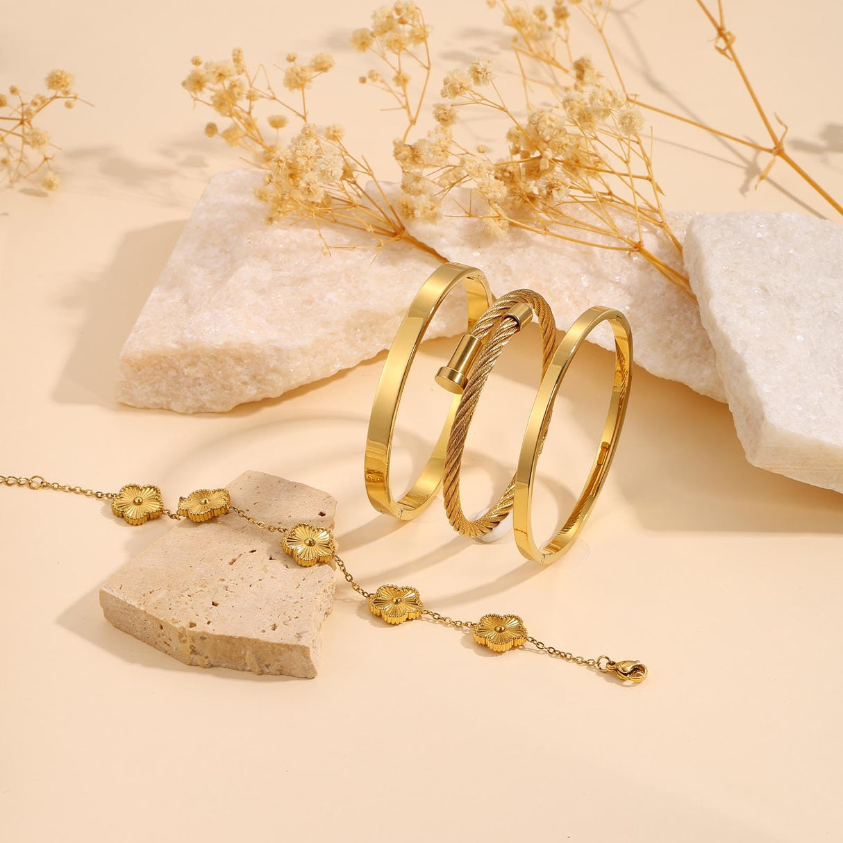 ISELBDR 18K Gold Bangle Bracelets for Women - Stackable Clover & Nail Love Bangle Set - Non-Tarnish Jewelry for Birthday Valentine's, Mother's Day & Christmas (Gold-A)