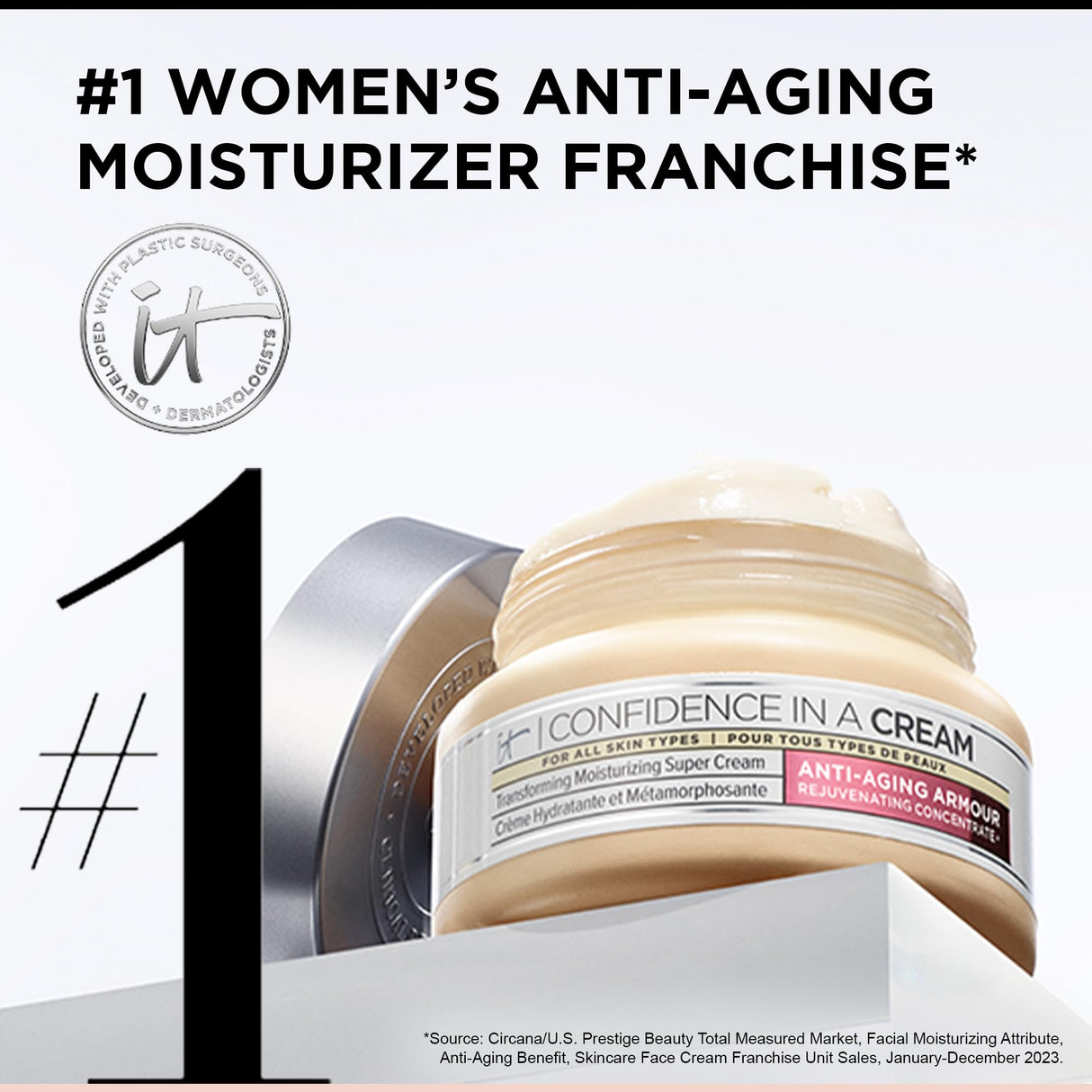 IT Cosmetics Confidence in a Cream Anti Aging Face Moisturizer – Visibly Reduces Fine Lines, Wrinkles & Signs of Aging Skin in 2 Weeks, 48HR Hydration with Hyaluronic Acid, Niacinamide - 4 fl oz