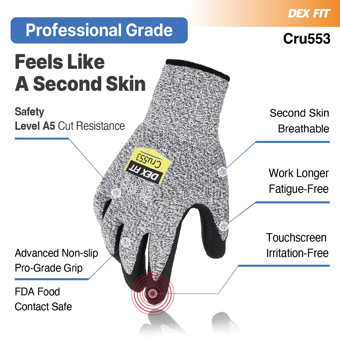 DEX FIT Level 5 Cut Resistant Gloves Cru553, 3D-Comfort Stretchy Fit, Power Grip, Professional Grade, Thin, Touch-Screen Compatible, Durable, Machine Washable; Black Grey XL (10) 12 Pairs