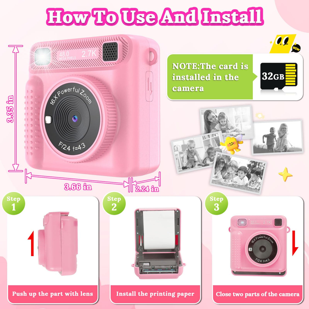 JPVERLY Kids Instant Print Camera - Christmas & Birthday Gift for Boys and Girls Ages 3-12, HD Digital Video Camera Toy with 3 Rolls Printing Paper & 32GB Card (Pink)
