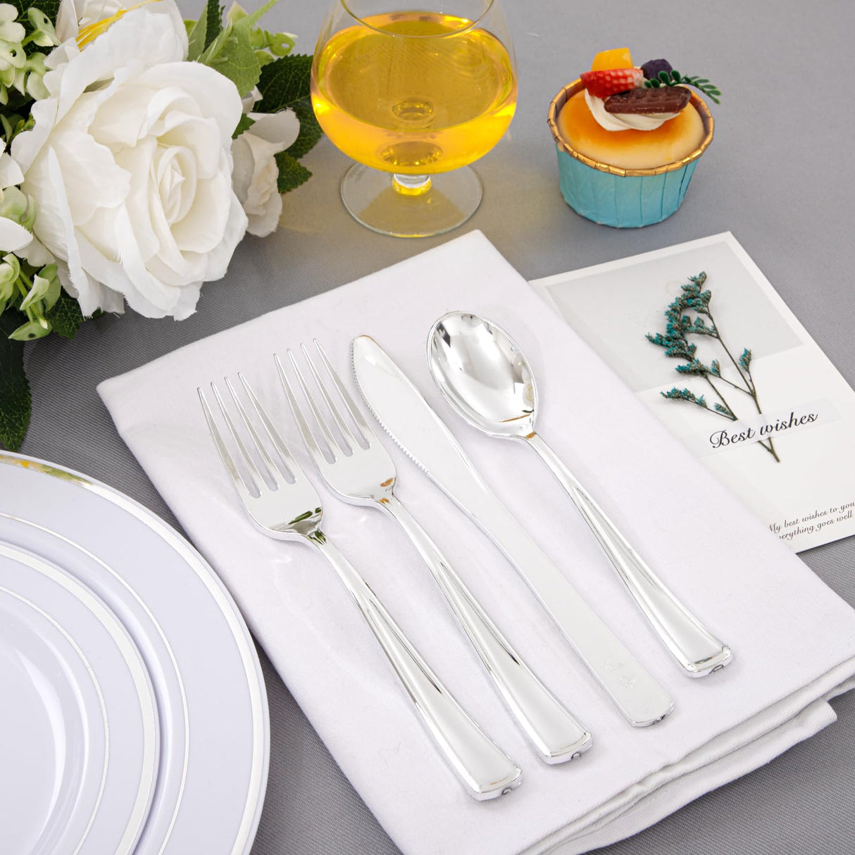 Supernal 360pcs Plastic Silverware Heavy Duty, Silver Disposable Silverware Sets for Parties,Plastic Forks and Spoons,Party Disposable Flatware Suit for Weddings, Birthday Thanksgiving Christmas