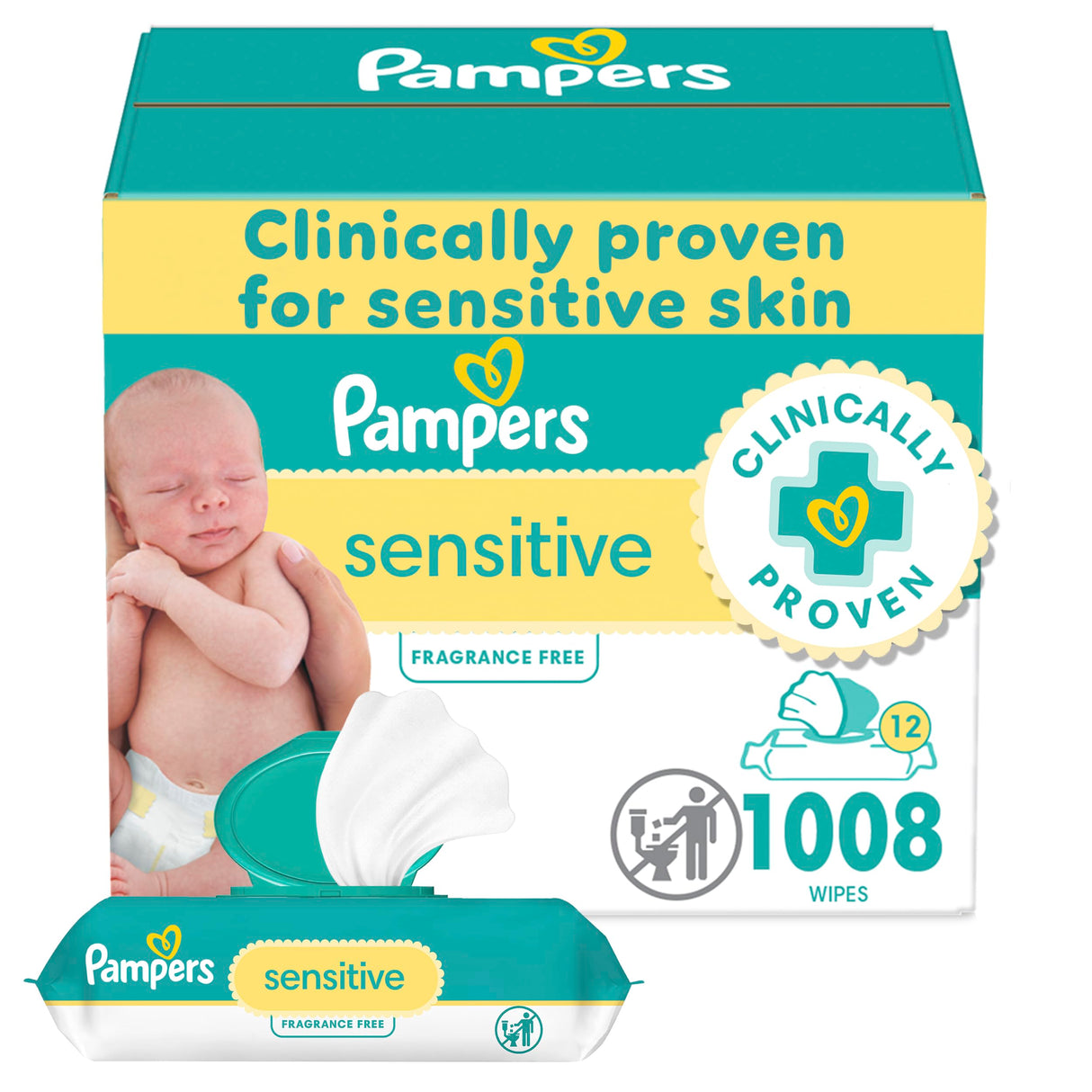 Pampers Baby Wipes, Sensitive, Water Based Wipe, Clinically Proven, Hypoallergenic, and Unscented for Babies, 1008 Wipes Total (12 Flip-Top Packs)