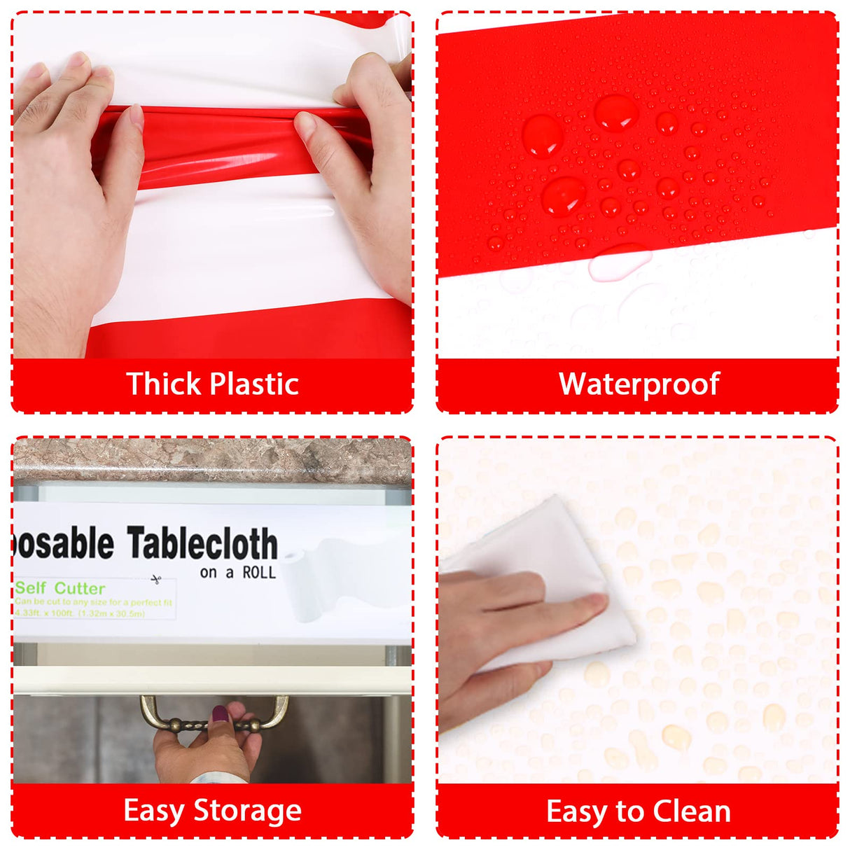 Red and White Striped Tablecloth Roll 52 in x 100 Ft with Slide Cutter Circus Carnival Party Supplies Halloween Christmas Plastic Picnic Table Cover for Indoor Outdoor Events Family Banquet Party