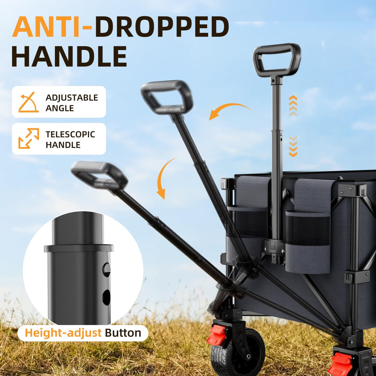 Strolking 220L Collapsible Wagon Cart, 39" L Extended Frame and 440Lbs Heavy Duty, Lightweight 15lbs Folding Garden Cart with Silent All-Terrain Wheels for Beach, Camping Grass and Grocery, Grey