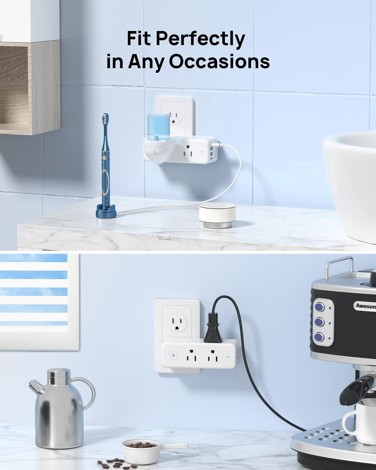 TROND Outlet Extender with 360° Rotating Plug, 6 AC Outlet Splitter with On/Off Switch, Multi Plug Adapter with PD 20W USB C, 2 USB-A & 2 USB-C, 3 Way Wall Extension Outlet for Home Office Travel