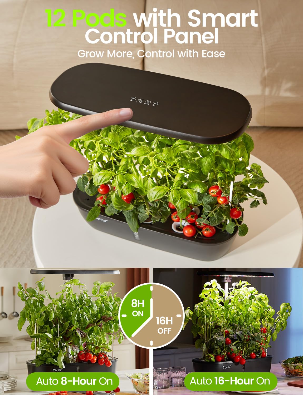LETPOT Hydroponics Growing System, 12 Pods Indoor Herb Garden Kit with 24W LED Grow Light, 5.5L Water Tank & 16" Adjustable Height, Smart Indoor Gardening System for Kitchen, Home & Gift