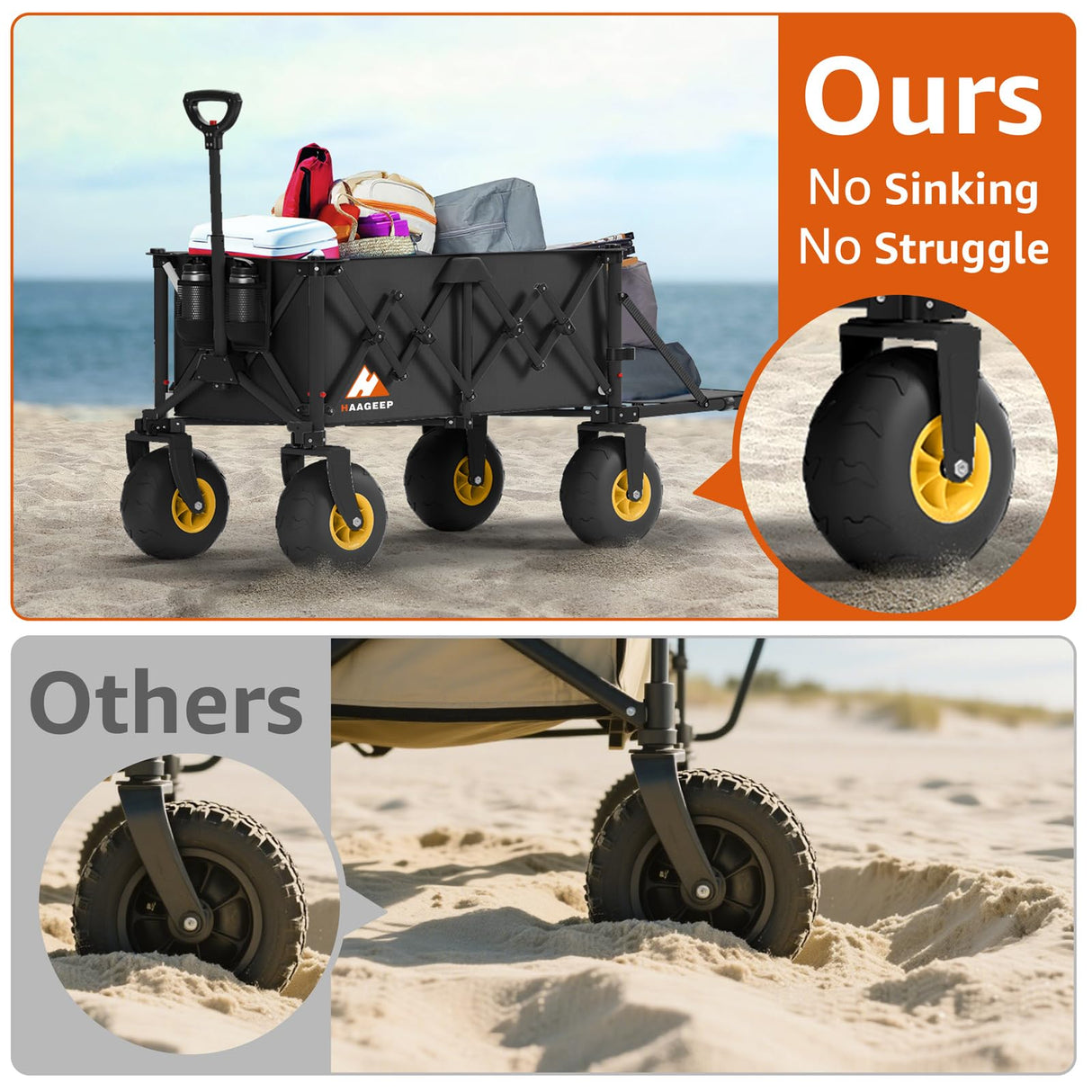 Heavy Duty Beach Wagon with Big Wheels for Sand, 10" Wheel Collapsible Wagons Foldable Large Wagon Cart Folding All Terrain for Camping